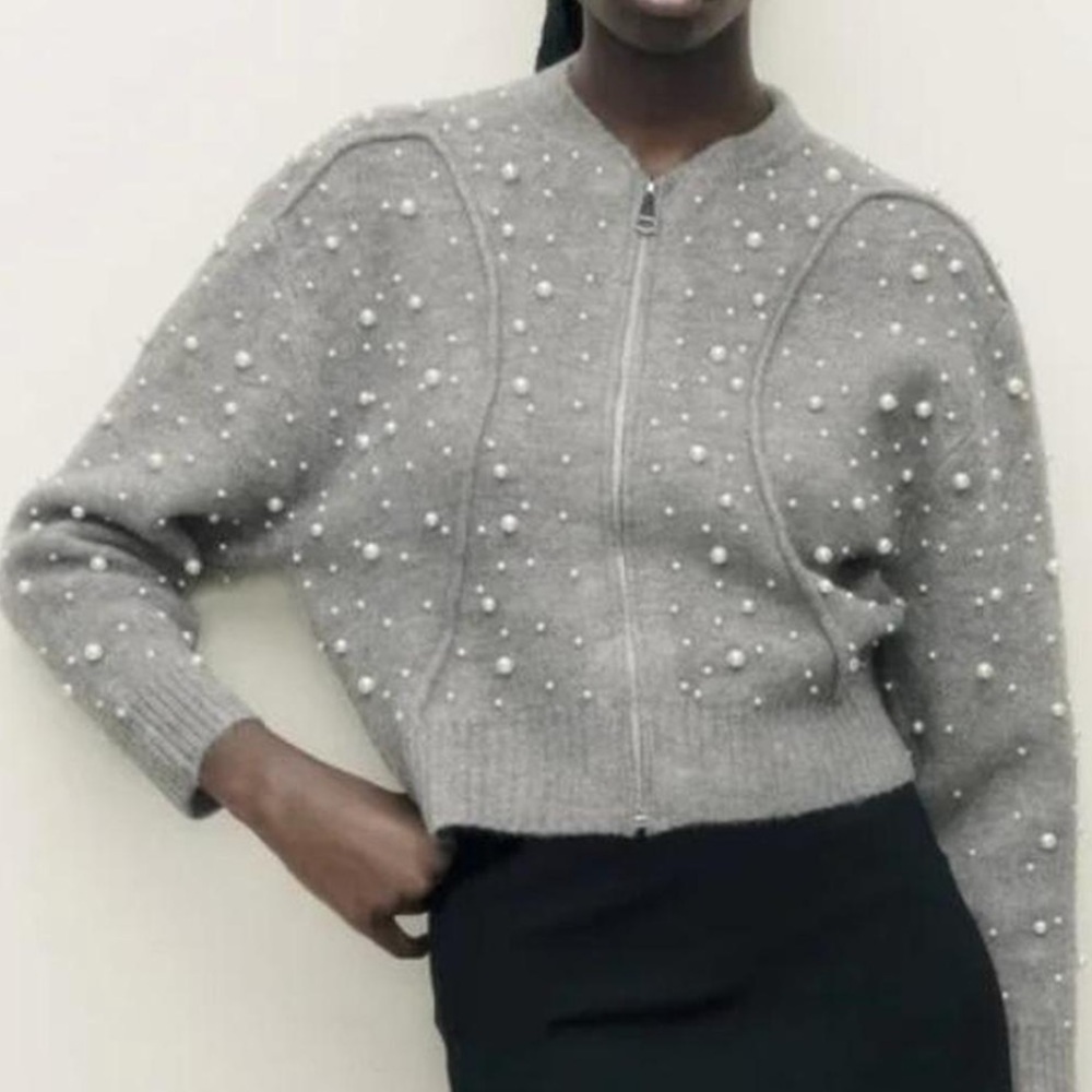 Zara Gray Pearl Embellished Cardigan - Picture 3 of 8